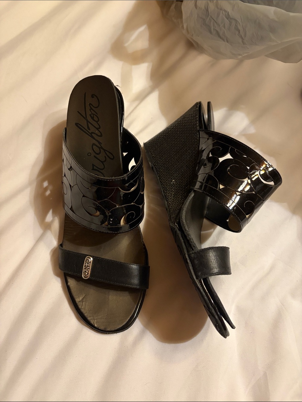 Brighton Rhumba Black Patent Wedge Slides with Decorative Cutouts